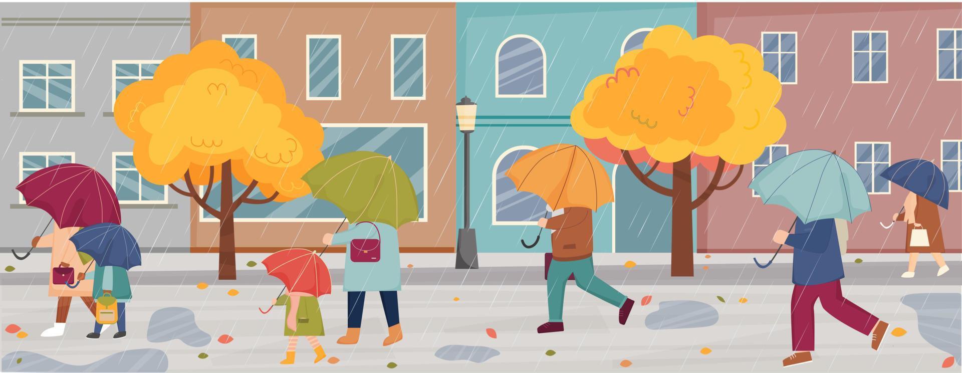 Autumn rainy weather in the city. People with umbrellas are walking under the rain. Autumn in the town. People are walking in rain on city street with buildings. Persons with umbrellas. vector