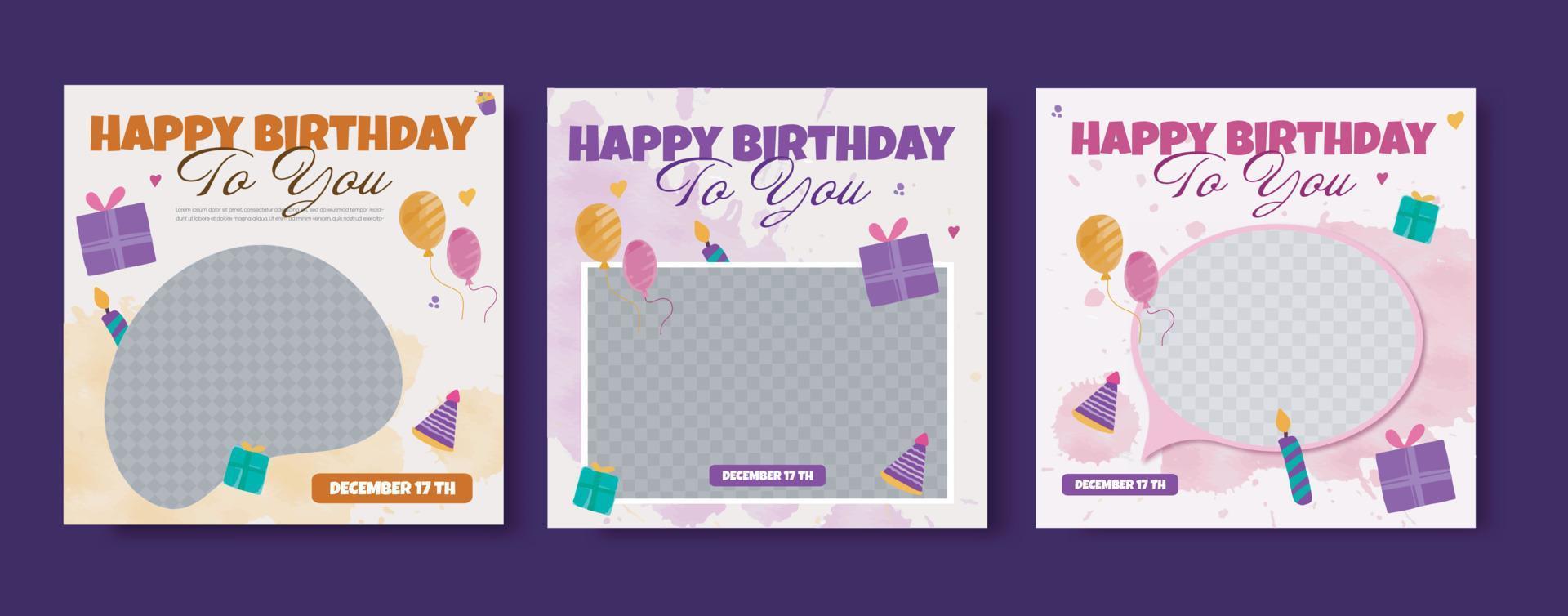 cute happy birthday social media post with ballons watercolor vector