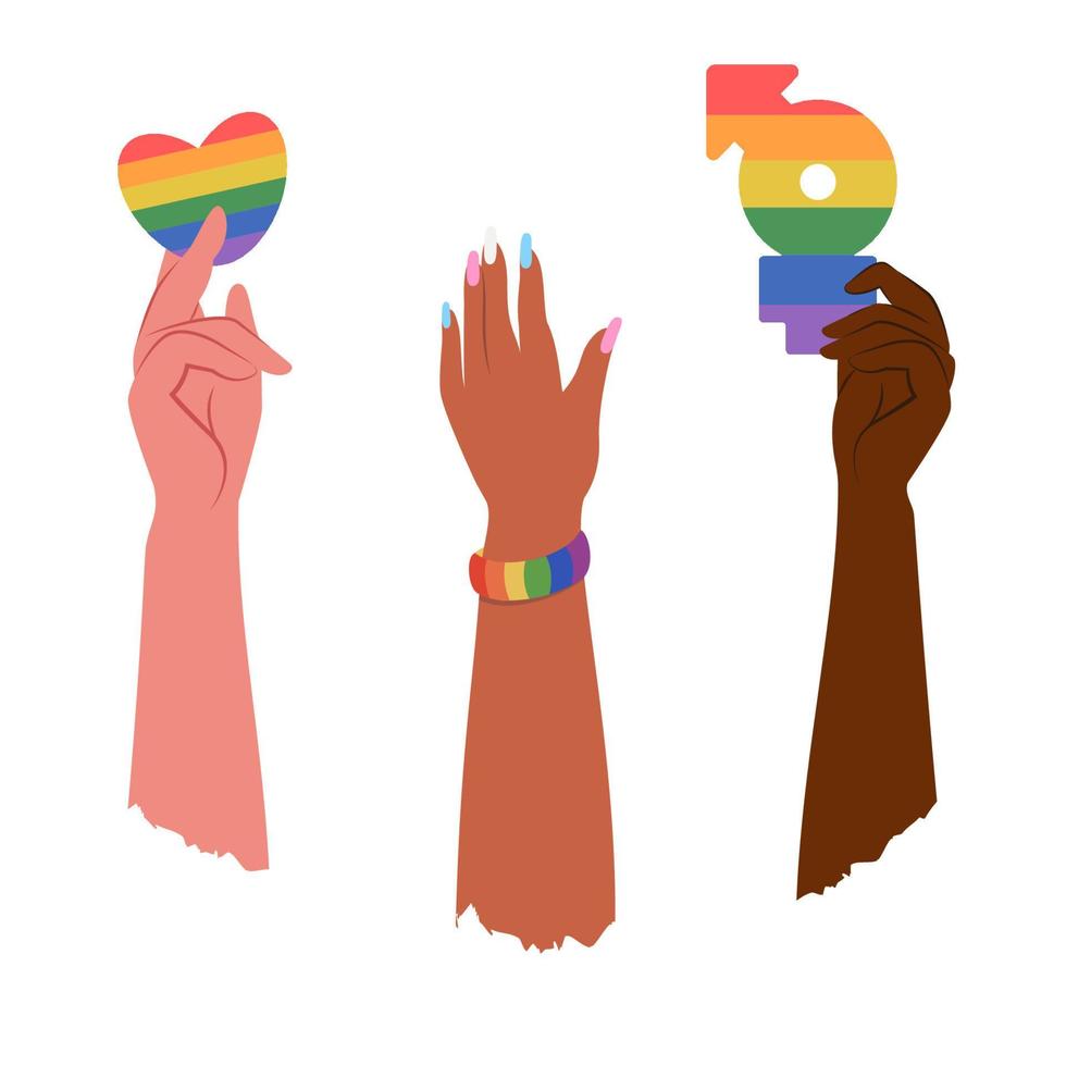 People of different skin holding lgbtg emblems, rainbow, flag in hands. Lgbt  community.  Gender, diversity, unity concept. Vector flat illustration for poster, card, banner, sticker