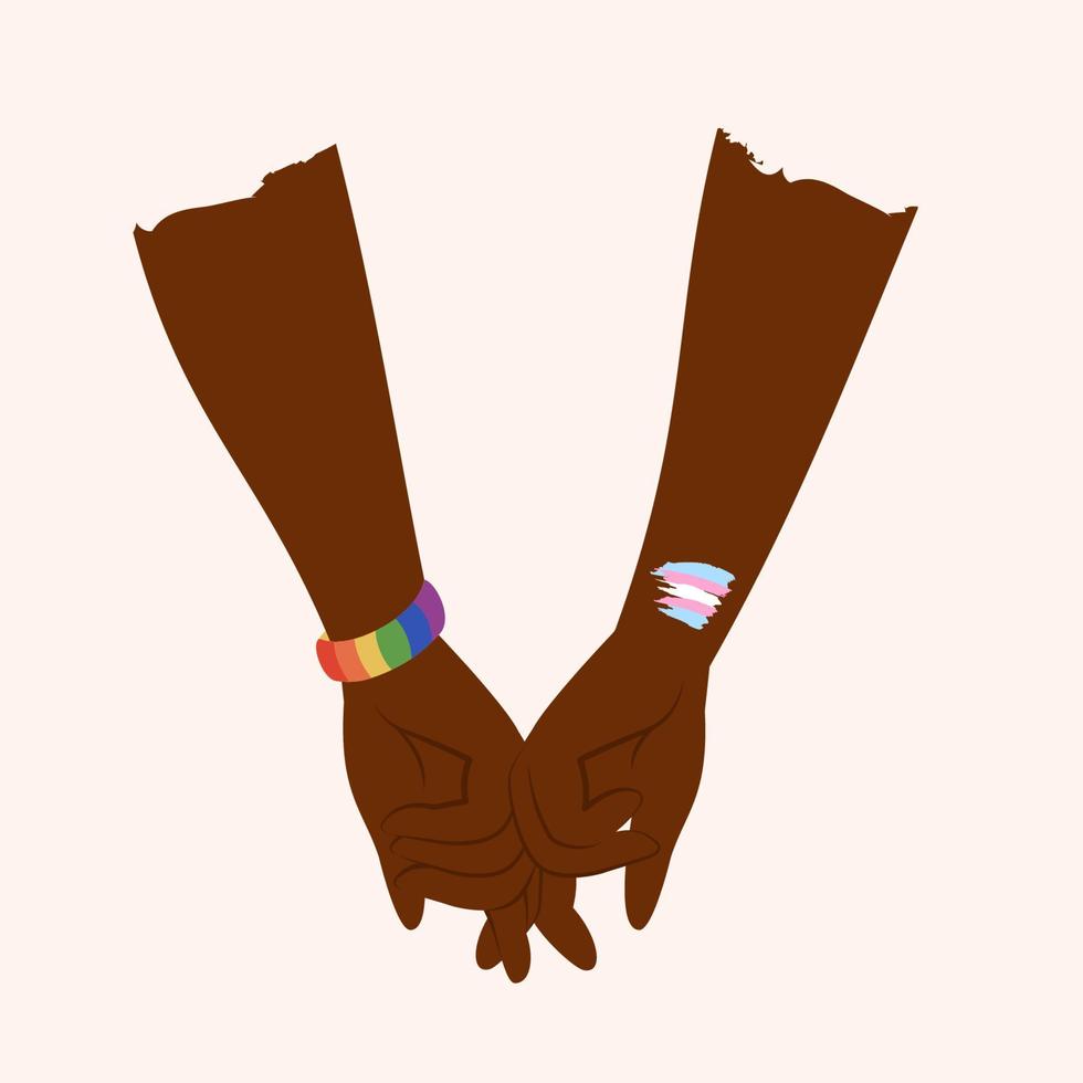 pareja lgbt tomados de la mano. brazos humanos con emblemas lgbtg, arco iris, bandera. boda en comunidad lgbti. género, diversidad, concepto de unidad. ilustración vectorial plana para póster, tarjeta, pancarta, pegatina vector