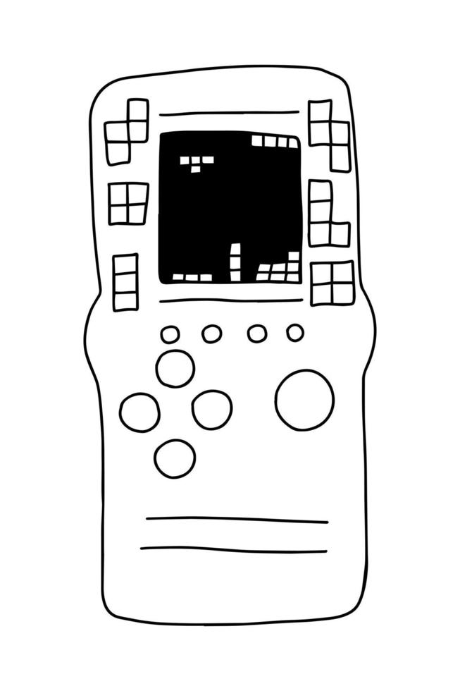 Hand drawn brick game console illustration. Vector retro tetris doodle