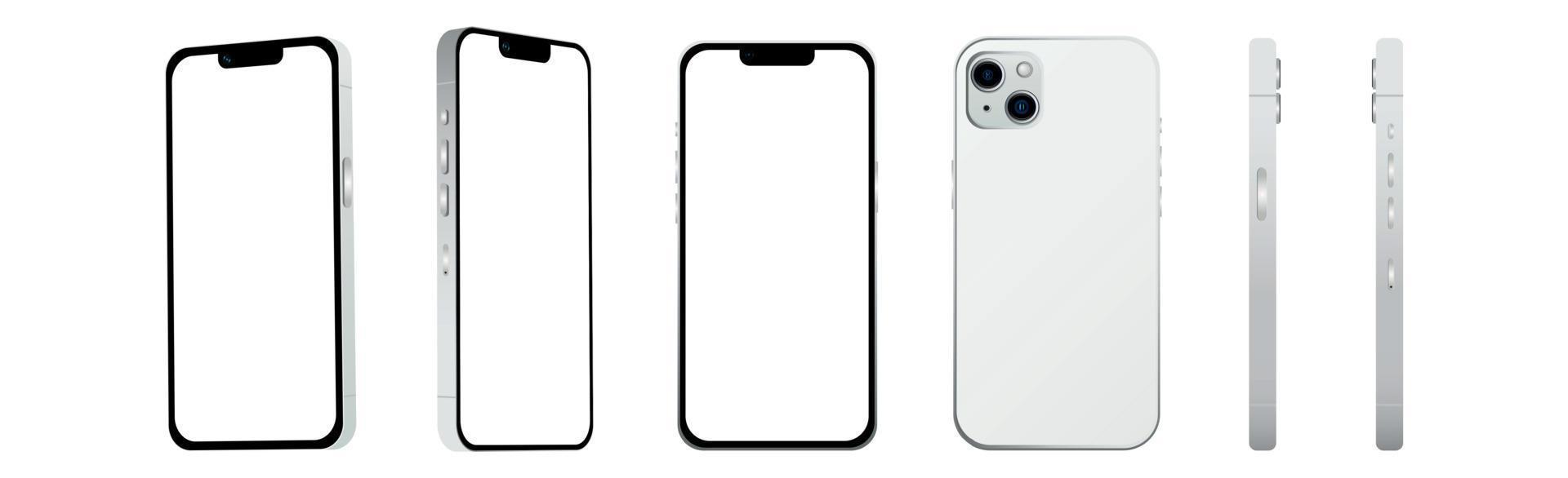 conjunto de 6 piezas de diferentes ángulos, smartphone blanco 14 modelos, novedad de la industria de ti, maqueta para diseño web sobre un fondo blanco - vector