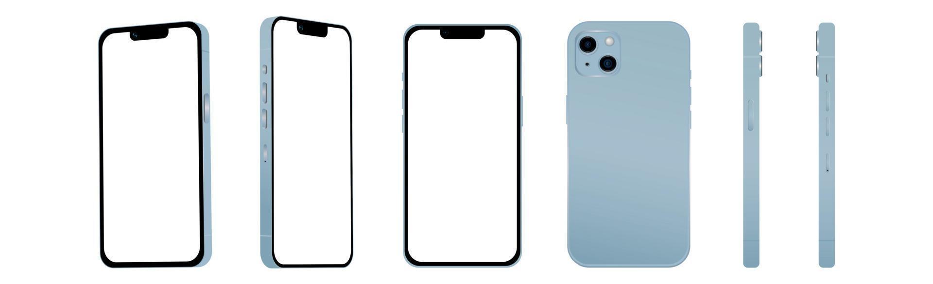 conjunto de 6 piezas de diferentes ángulos, smartphone azul 14 modelos, nueva industria de ti, maqueta para diseño web sobre un fondo blanco - vector