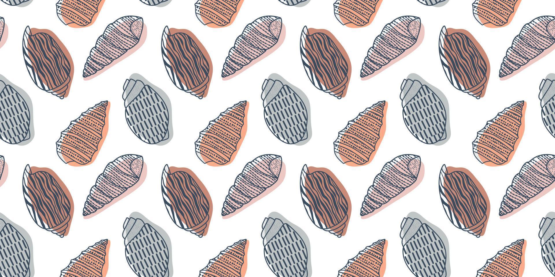 Vector seamless pattern. Line art sketch seashells. Isolated background. Decoration symbol of health calcium. Summer, sand and beach design. Repetitive ornament.