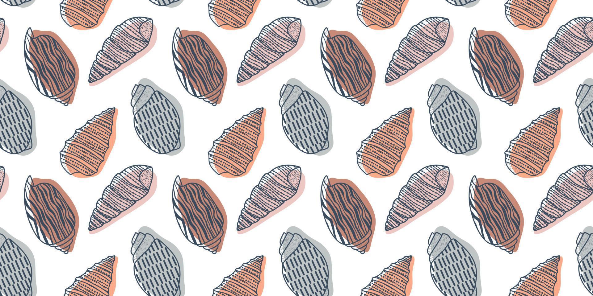 Vector seamless pattern. Line art sketch seashells. Isolated background. Decoration symbol of health calcium. Summer, sand and beach design. Repetitive ornament.