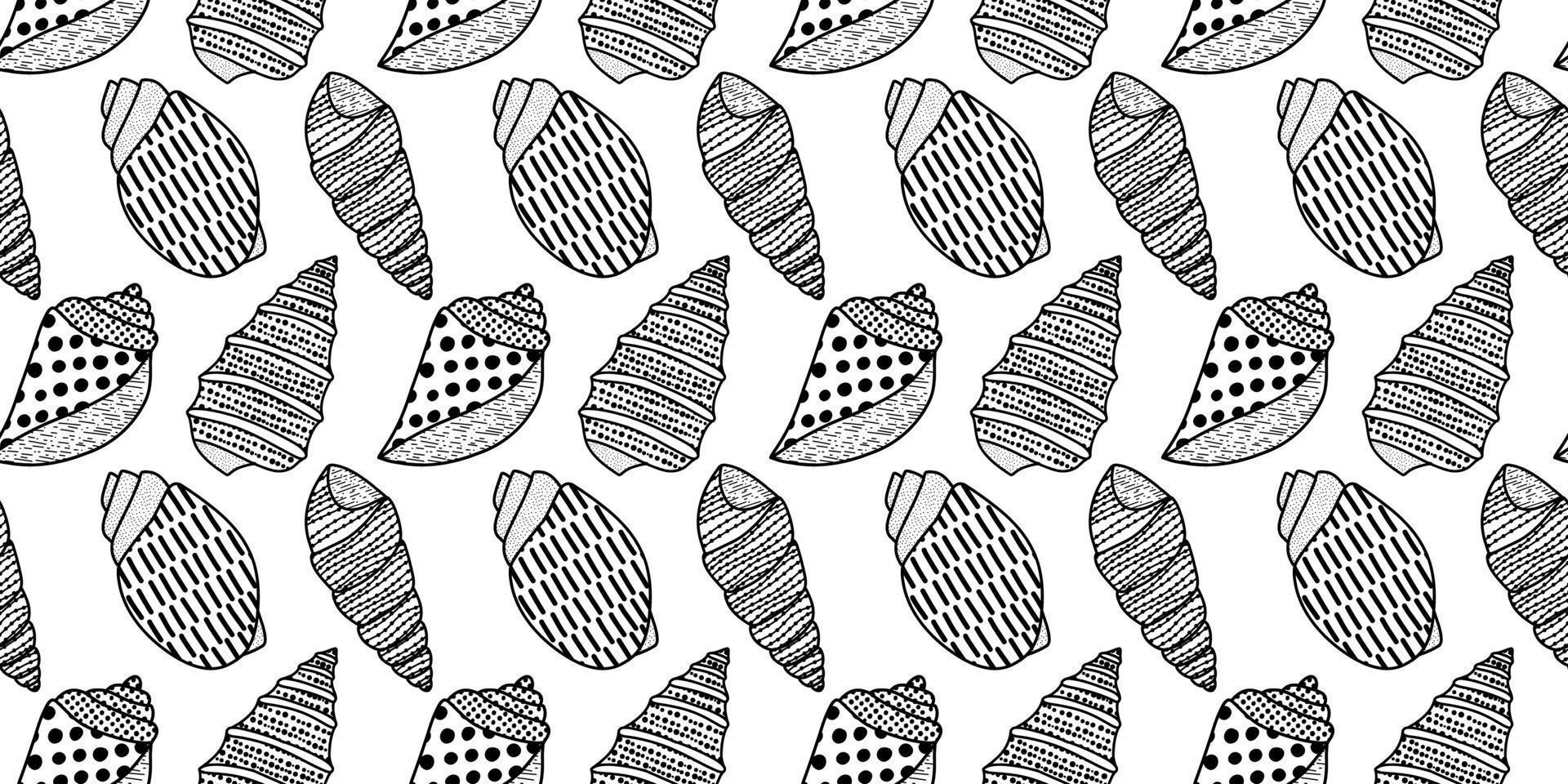 Vector seamless pattern. Line art sketch seashells. Isolated background. Decoration symbol of health calcium. Summer, sand and beach design. Repetitive ornament.