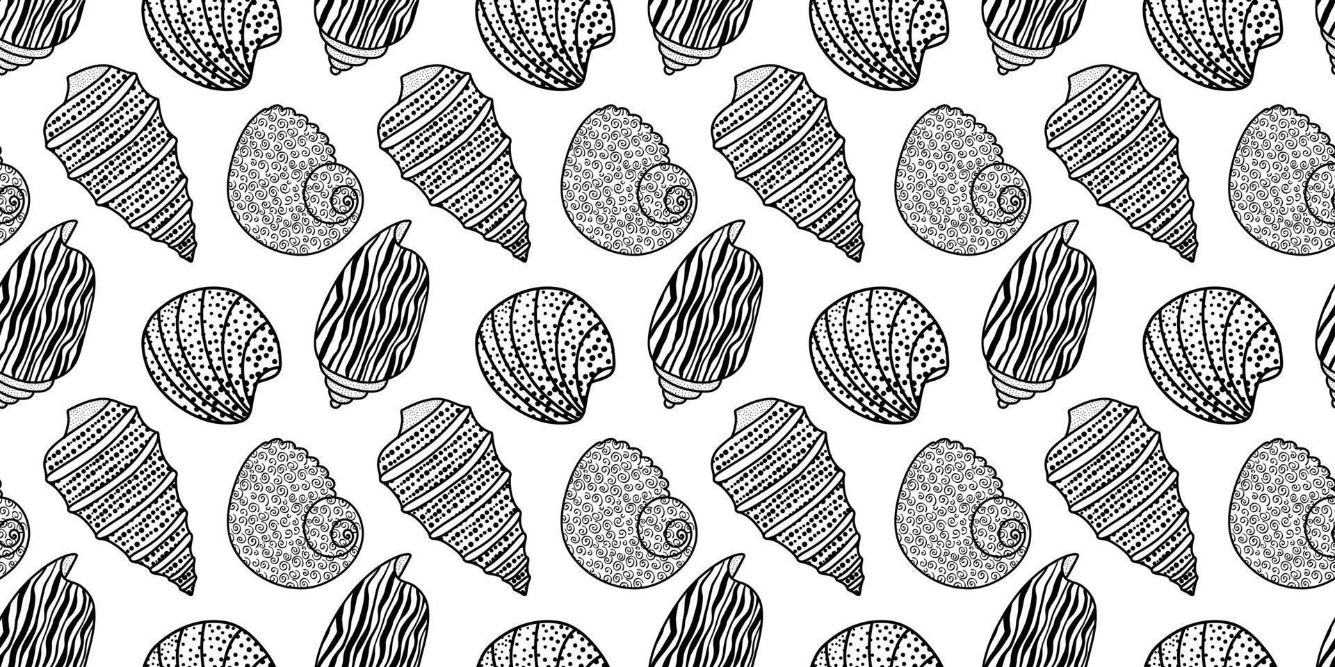 Vector seamless pattern. Line art sketch seashells. Isolated background. Decoration symbol of health calcium. Summer, sand and beach design. Repetitive ornament.