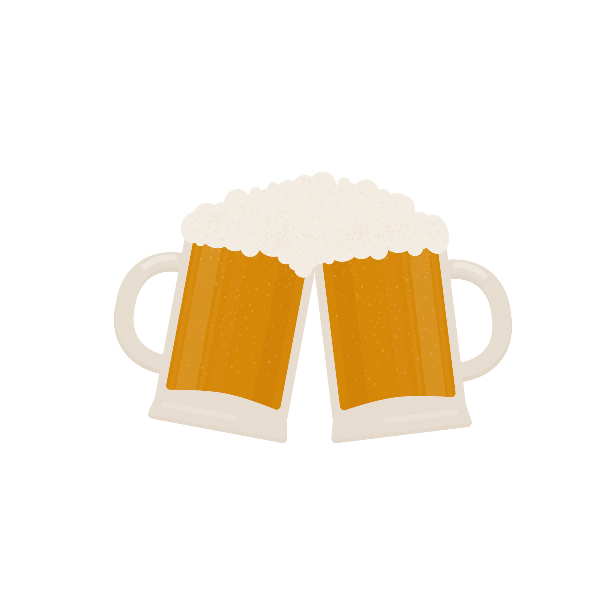 Two clinking beer mugs with foam isolated on white. Traditional