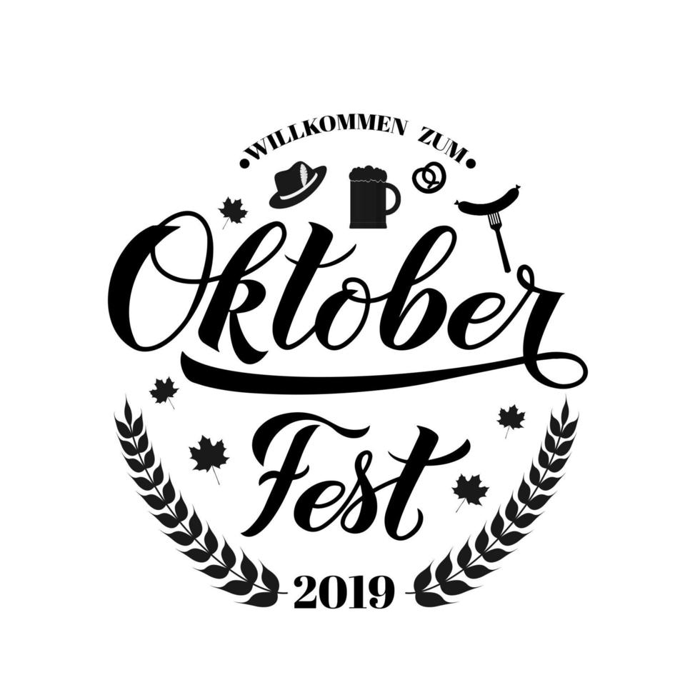 Oktoberfest calligraphy hand lettering with barley branch, hat, pretzel, and mug. Traditional Bavarian beer festival. Easy to edit vector template for your logo design, poster, banner, flyer,  etc.