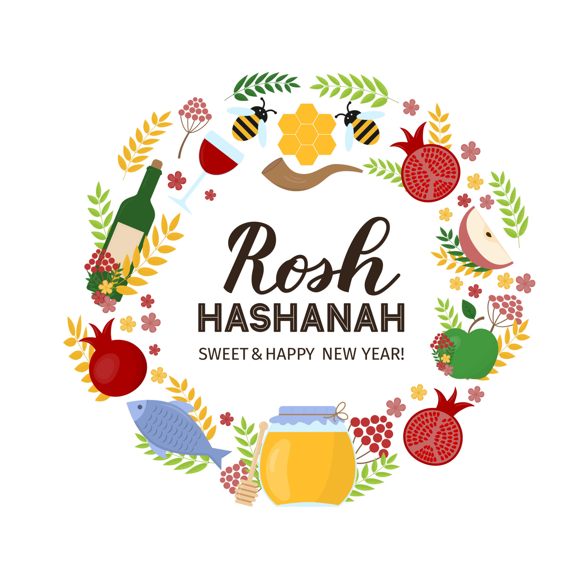 Rosh Hashaná. Letras de año nuevo judío con símbolos tradicionales. plantilla vectorial fácil de