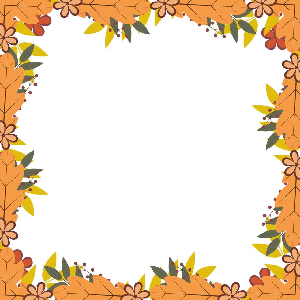 Border of colorful autumn leaves and berries. Fall theme vector illustration. Thanksgiving day greeting card or invitation.