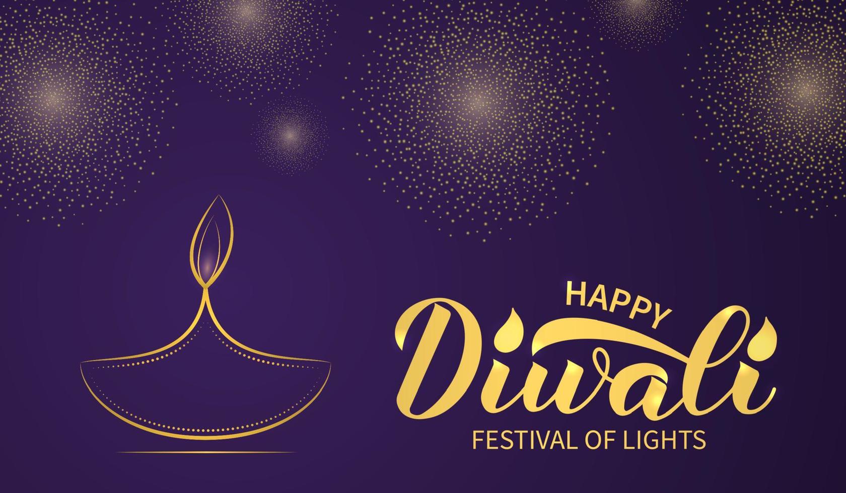 Happy Diwali calligraphy lettering with burning diya candle and gold fireworks. Traditional Indian festival of lights typography poster. Vector template for banner, flyer, postcard, greeting card, etc