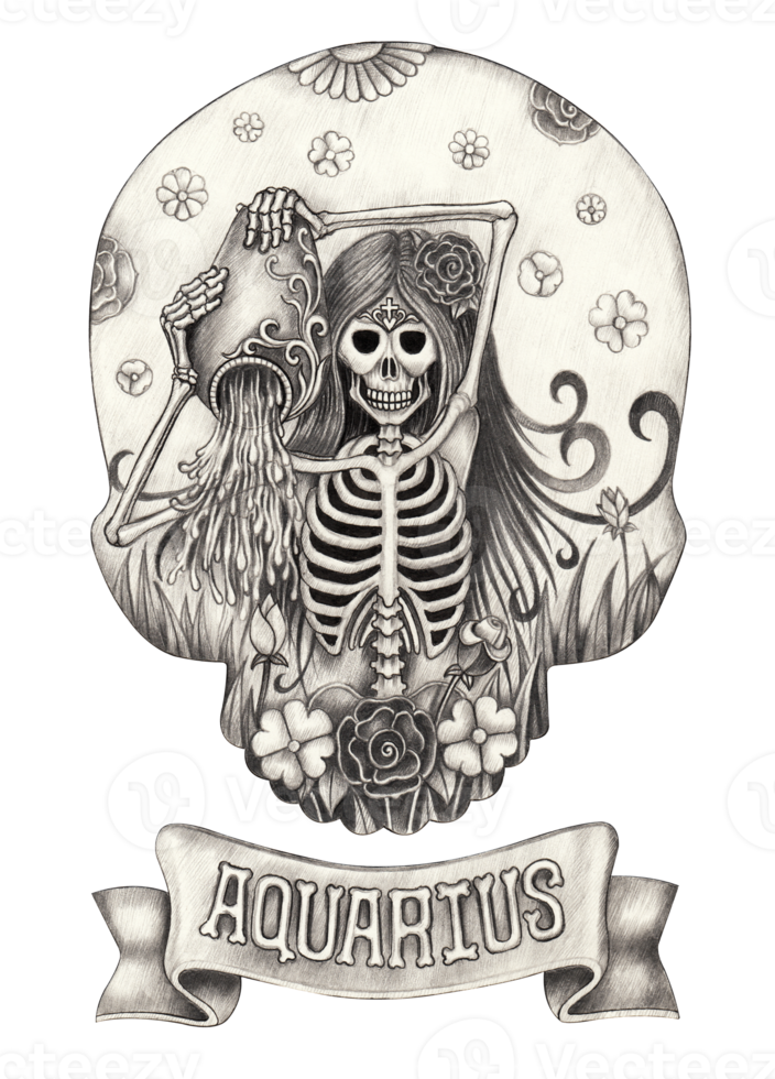 Aquarius zodiac skull .Hand drawing on paper. png