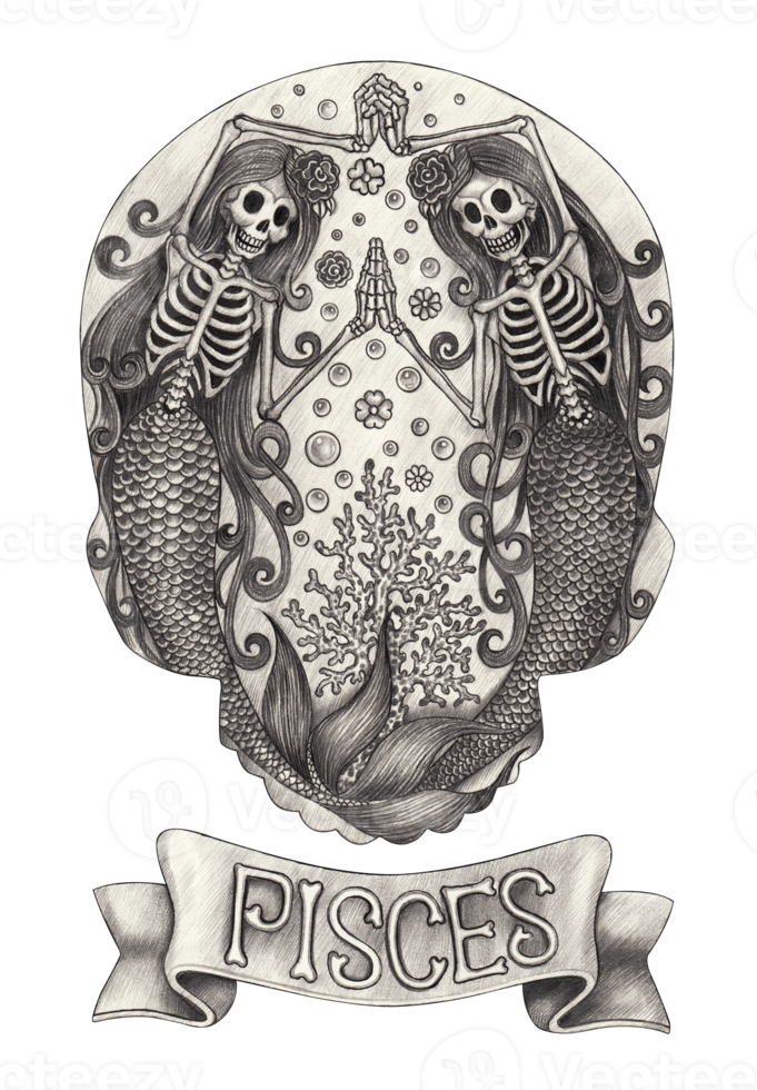 Pesci zodiaco cranio .mano disegno su carta. png