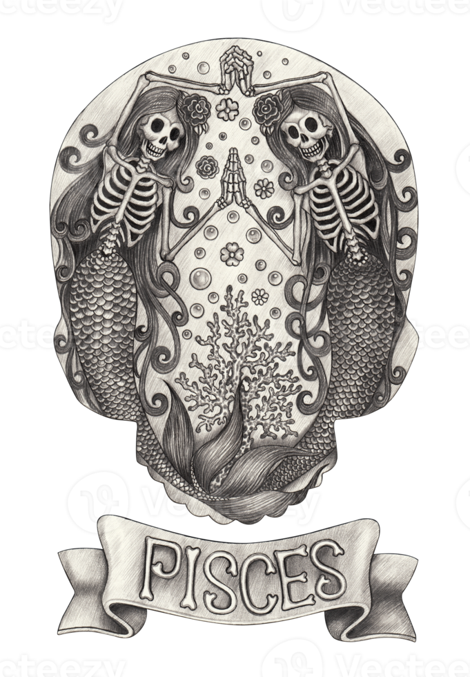Pisces zodiac skull .Hand drawing on paper. png
