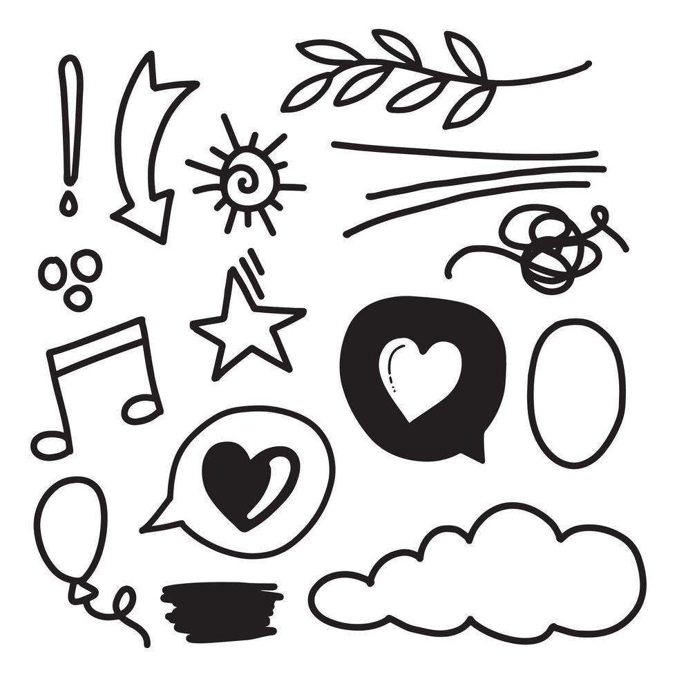 Vector set of Doodle elements, for concept design. love, hearts, music, balloons, clouds, star arrows and more