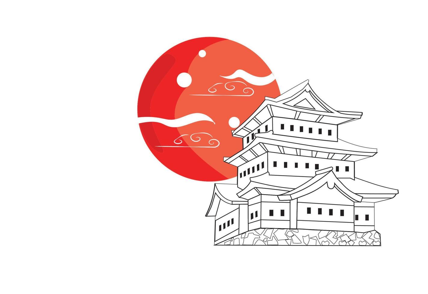 japanese castle illustration logo with red moon vector