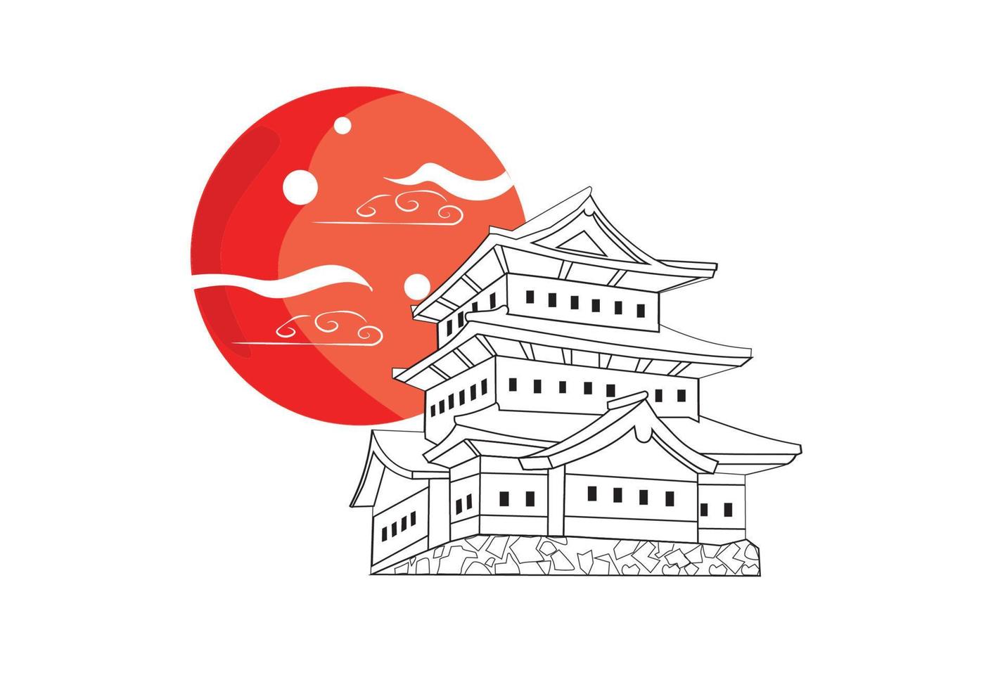 japanese castle illustration logo with red moon vector