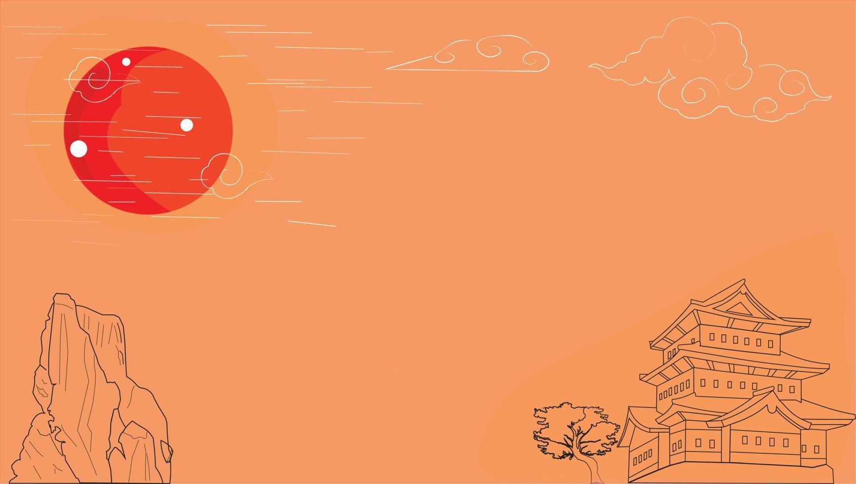 japan castle icon with red moon illustration logo isolated in orange background vector