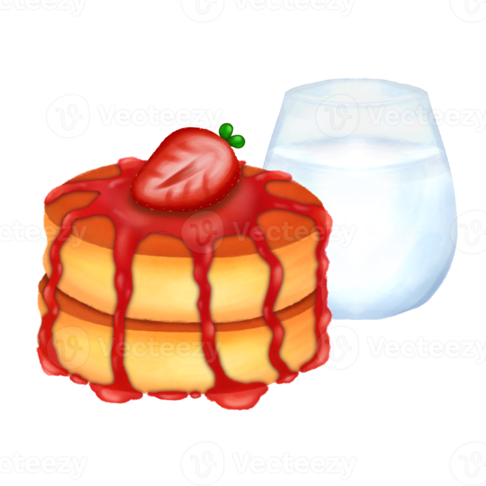 strawberry pancakes with milk watercolor clipart png