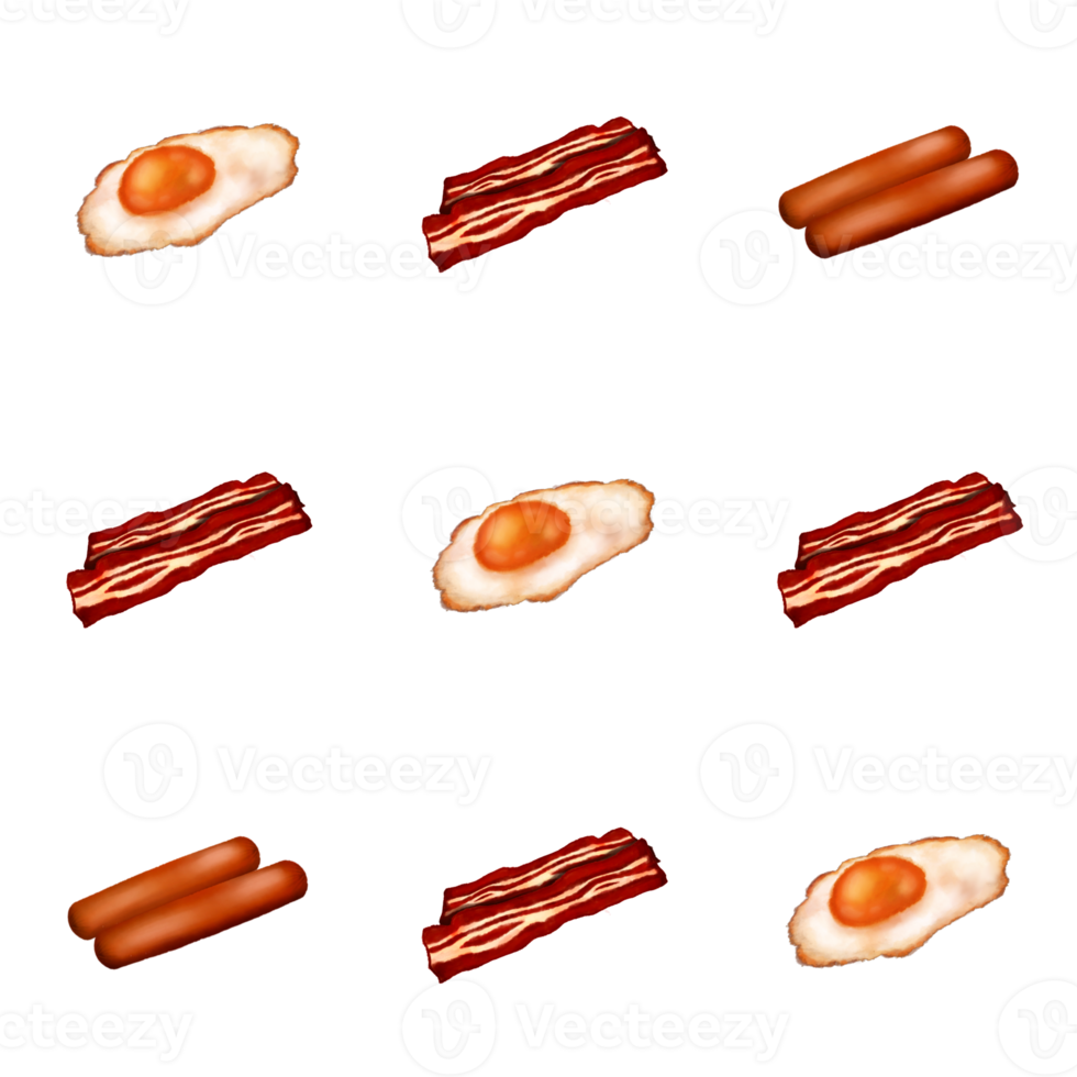 Oeuf cuit, saucisse et bacon fumé motifs transparents fond transparent png