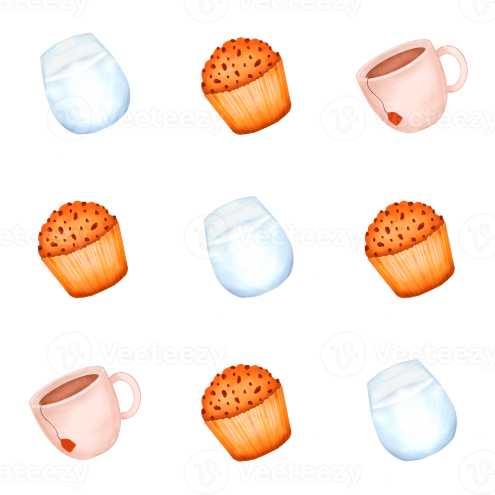 muffin, milk and tea cup seamless patterns transparent background png