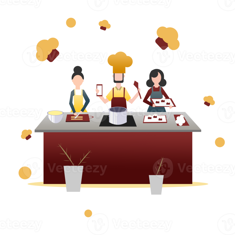 cooking class flat illustration with people cooking cake in kitchen png