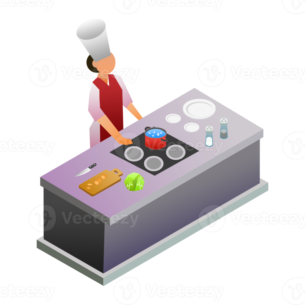 isometrische illustration des kochkurses mit gemüse und küchenset png