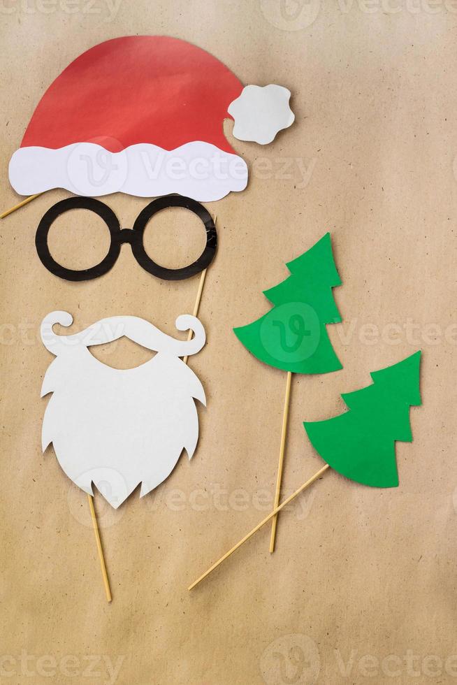 Photo booth colorful props for christmas party - mustache, santa claus, fir tree, glasses, hat