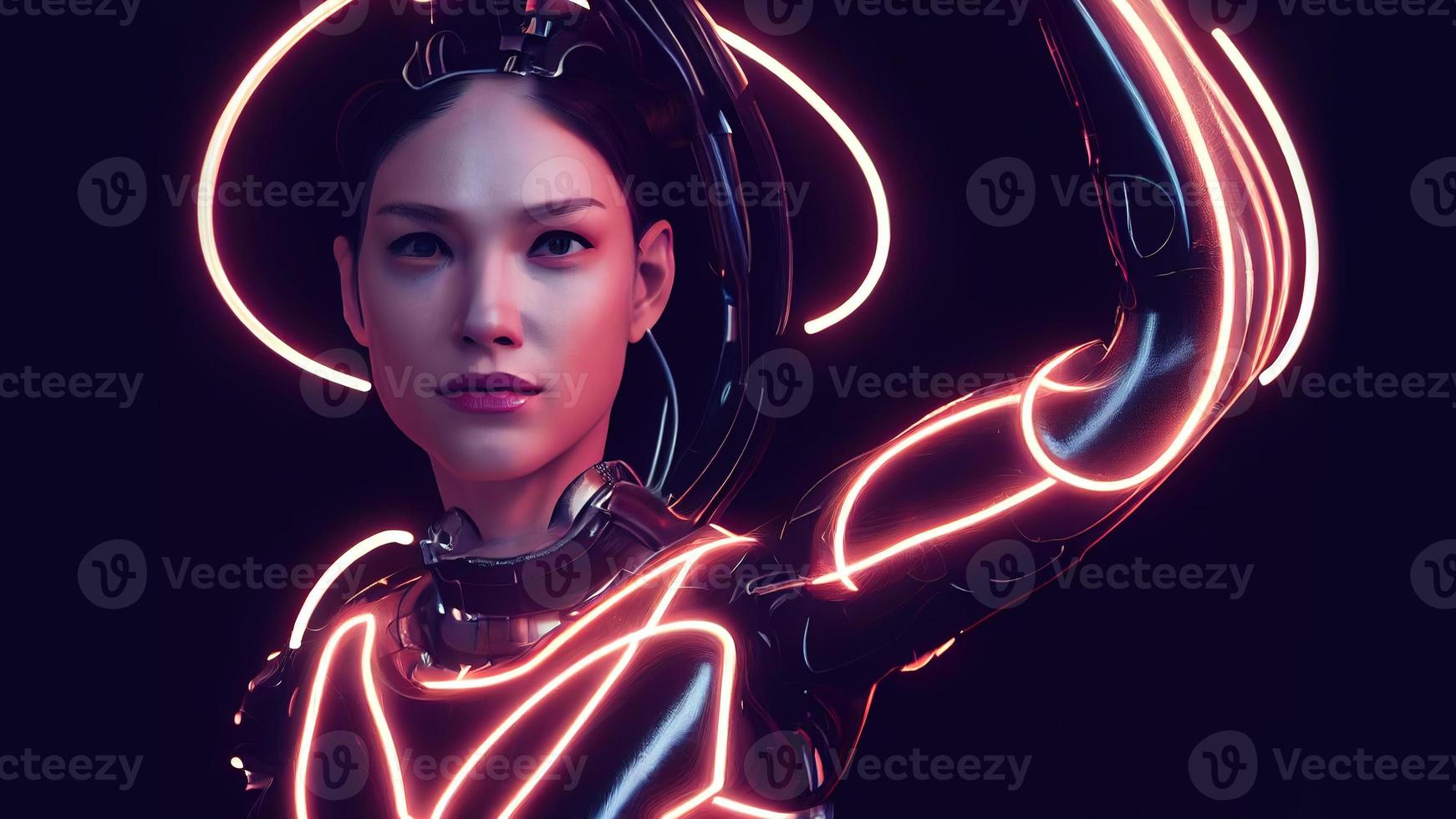 3d rendering. Stylish handsome cyborg. Metal and glowing lines. Futuristic woman. Artificial intelligence. photo