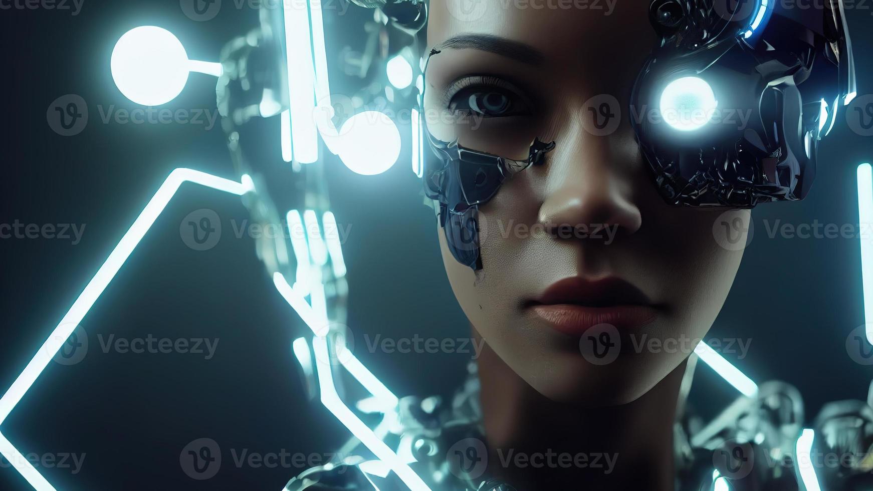 3d rendering. Stylish handsome cyborg. Metal and glowing lines. Futuristic woman. Artificial intelligence. photo