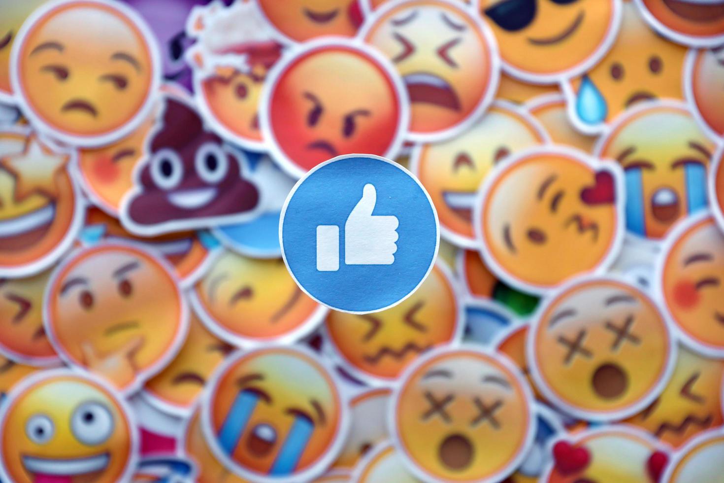 Ternopil, Ukraine - May 8, 2022 Large set of stickers with Emoji yellow faces. Like pictogram in focus photo