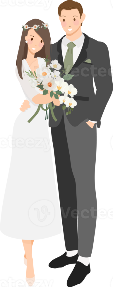 cute cartoon young wedding couple with Phalaenopsis orchid bouquet flat style png