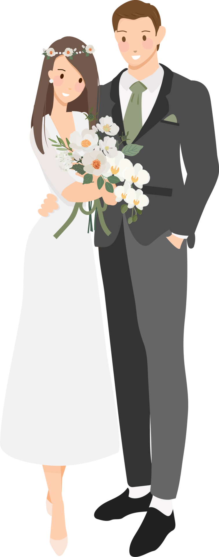 cute cartoon young wedding couple with Phalaenopsis orchid bouquet ...