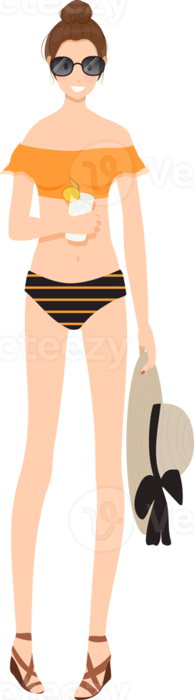 pretty young stylish women wear summer orange swimsuit flat style png