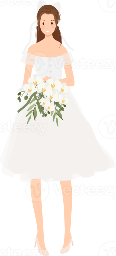 belle jeune mariée en robe de mariée blanche avec bouquet de fleurs d'orchidées phalaenopsis dessin animé de style plat png