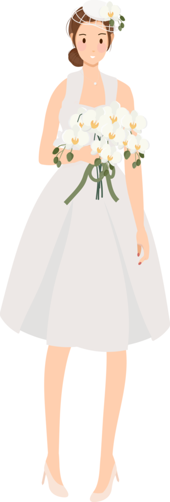 hermosa joven novia en vestido de novia blanco con ramo de flores de orquídeas phalaenopsis dibujos animados de estilo plano png