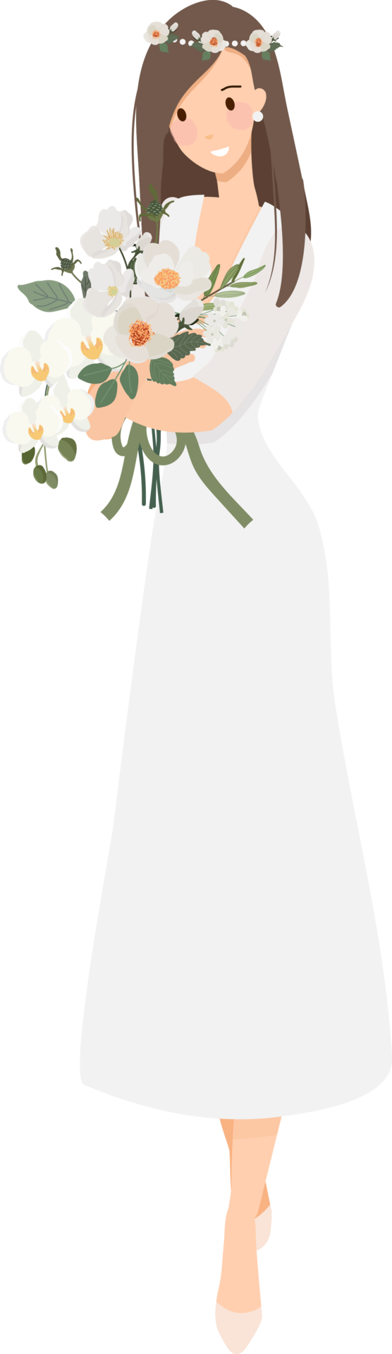 Free beautiful young bride in white wedding dress with Phalaenopsis orchid  flower bouquet flat style cartoon 11654343 PNG with Transparent Background