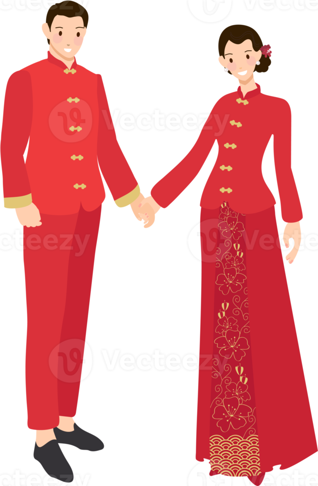 Chinese wedding couple in traditional red dress holding hands png