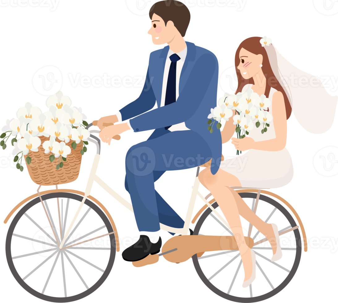beautiful young just married wedding couple ride bicycle png