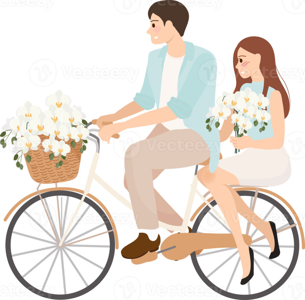 cute young couple riding bicycle with Phalaenopsis orchid bouquet for valentine's day or wedding invitation png