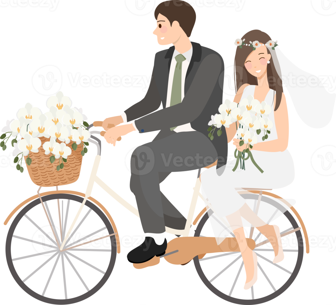 beautiful young just married wedding couple ride bicycle png