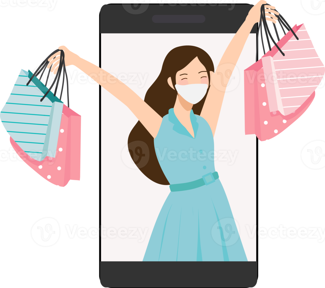 happy young woman wear face mask use mobile phone for online shopping png