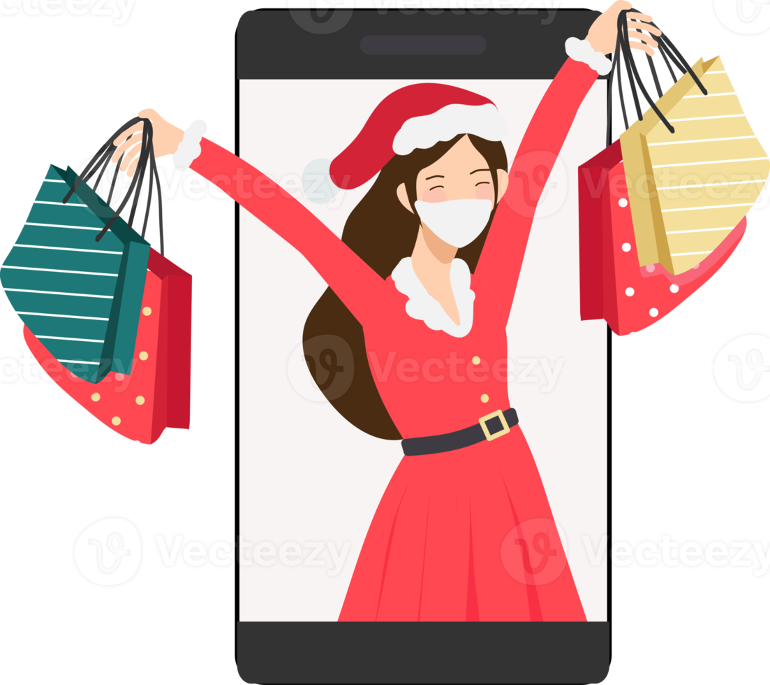 Christmas woman in red and green dress online shopping by cellphone png