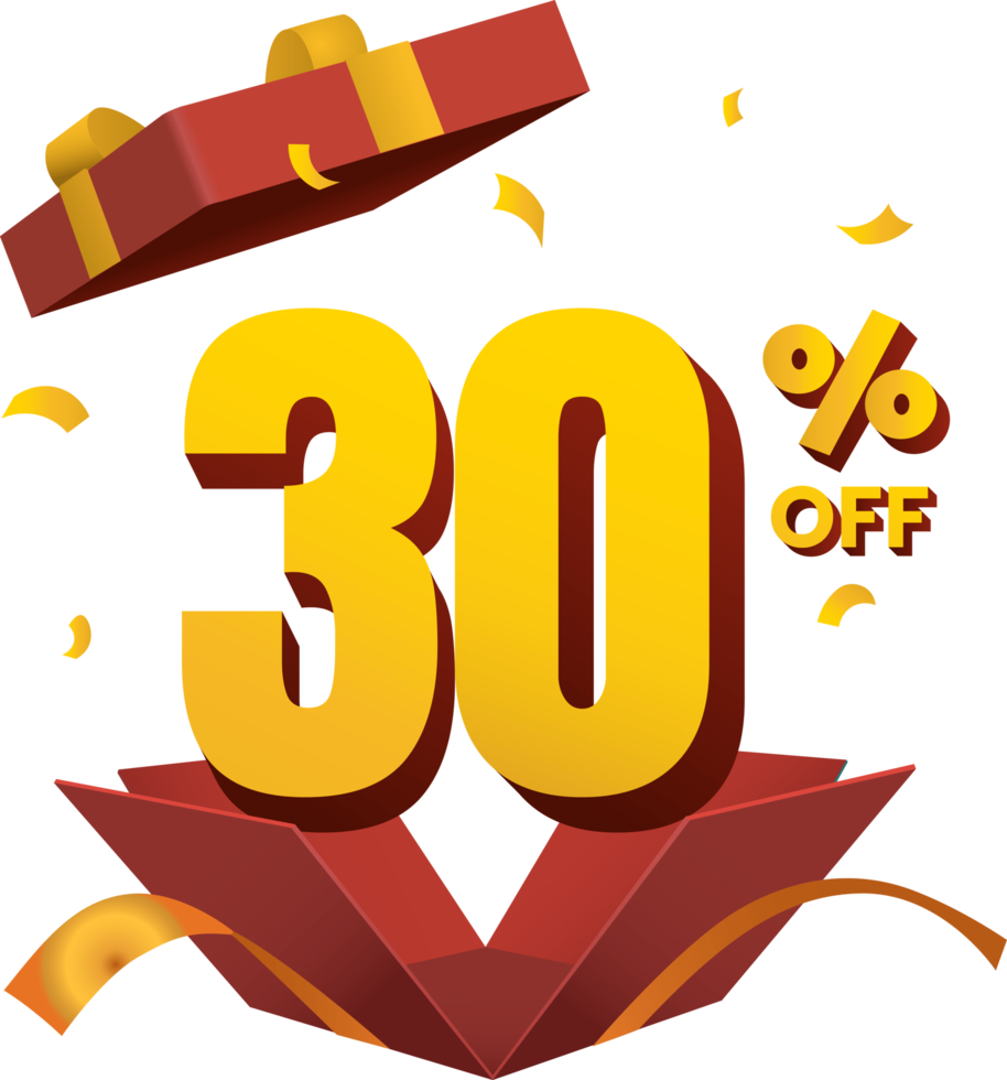 discount 30 percent off in surprise opened red gift box golden ribbon 3d style png