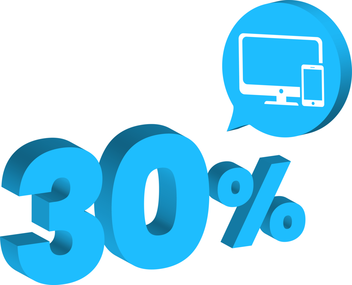 30 percent discount number blue 3d style with gadget product icon png