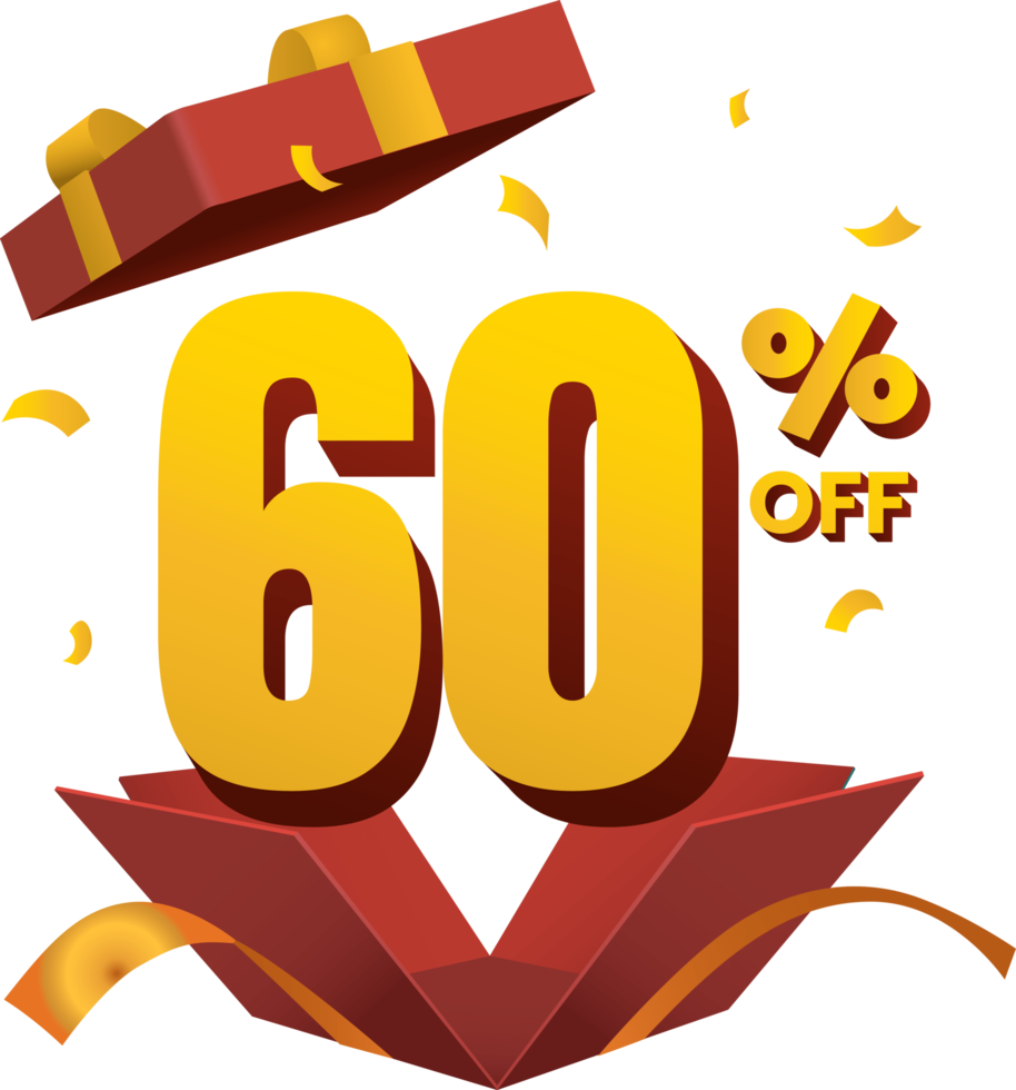 discount 60 percent off in surprise opened red gift box golden ribbon 3d style png