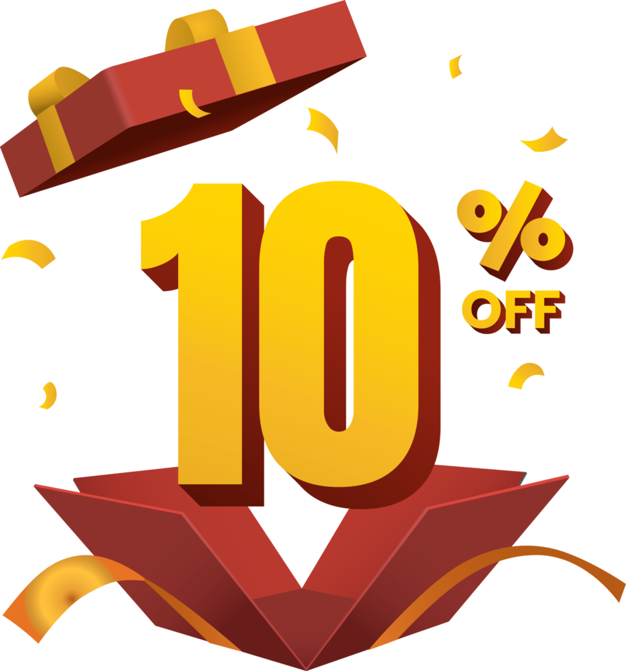 discount 10 percent off in surprise opened red gift box golden ribbon 3d style png