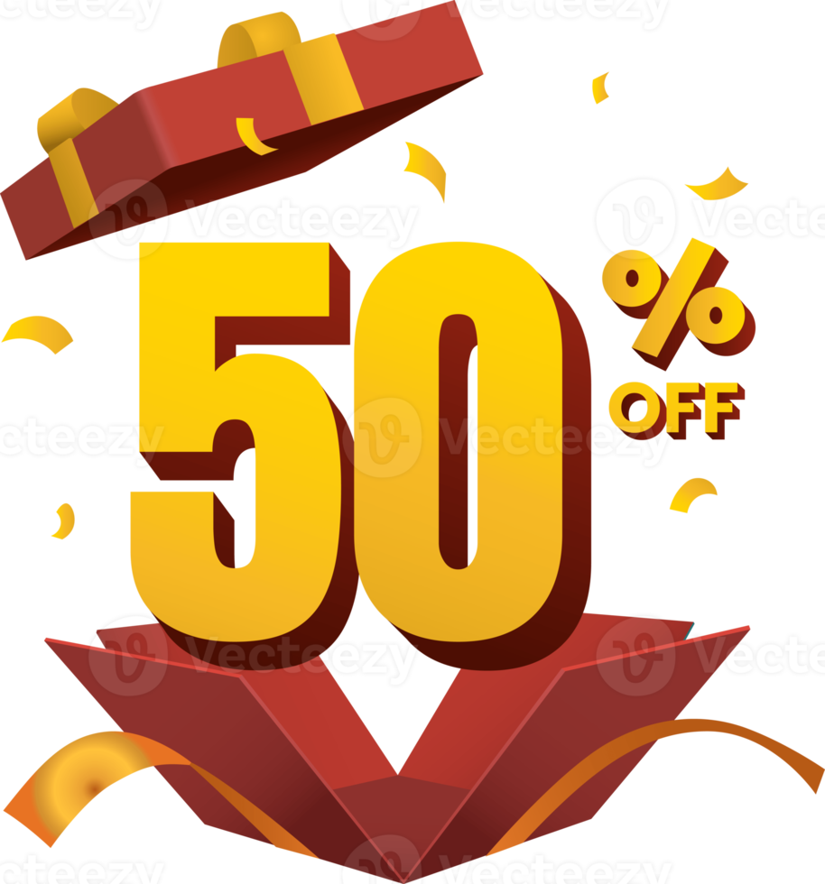 sconto 50 per cento via nel sorpresa ha aperto rosso regalo scatola d'oro nastro 3d stile png