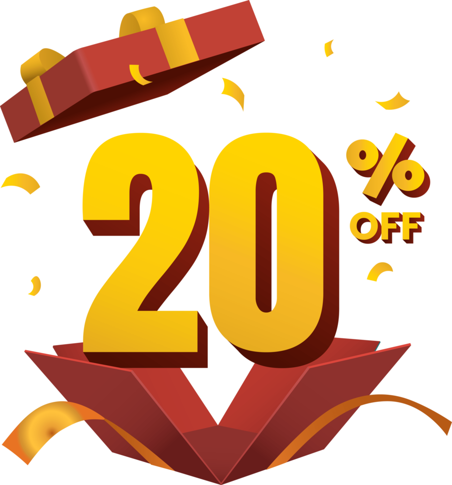 remise de 20% sur la surprise a ouvert une boîte cadeau rouge ruban doré style 3d png